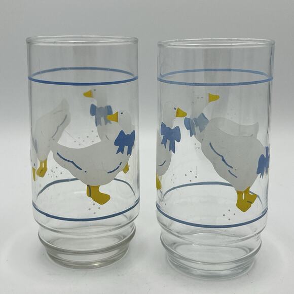 Libbey Drinking Goose Glasses White Geese With Blue Bow Vintage Set Of 2 - Picture 3 of 10